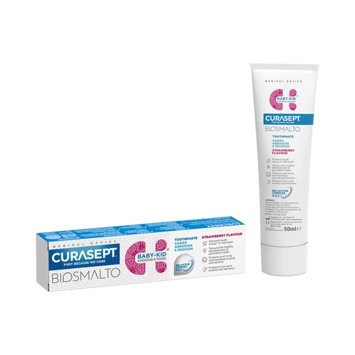 VAIKIŠKA DANTŲ PASTA SU FLUORU, CURASEPT BIOSMALTO BABY-KID, BRAŠKIŲ ARBA MĖTŲ SKONIO, 50 ML