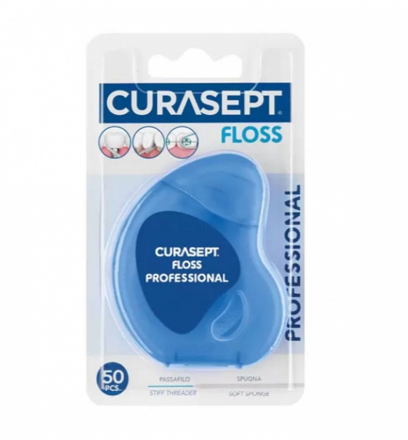 Tarpdančių siūlas su pastorinta dalimi, CURASEPT Professional, 50 vnt.