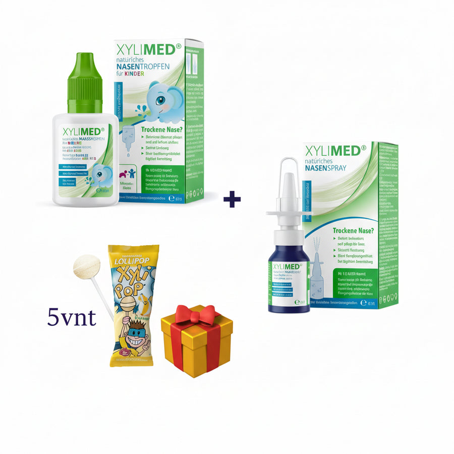 XYLIMED lašai ir purškalas sausai nosies gleivinei + 5 ledinukai DOVANŲ